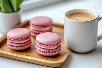 Obraz premium Cozy home filled with the fresh scent of purple tulips, neatly arranged in a glass vase. Macaroons are stored in a glass jar, and a cup of hot tea is conveniently placed. All items are arranged on a