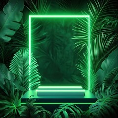 Glowing green neon frame mockup on tropical leaves background.