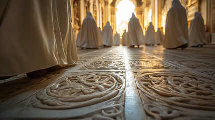 Nuns in white habits walking along ornately detailed marble flooring in a church bathed in soft sunlight. Concept of devotion, spiritual community, and religious tradition during Jubilee 2025