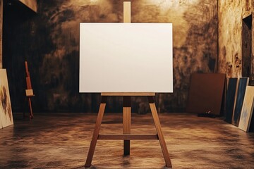 dramatic photo of blank poster mockup placed on wooden easel in dimly lit art gallery