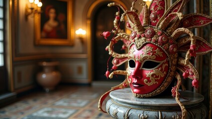 Intricate red venetian carnival mask in luxurious interior setting