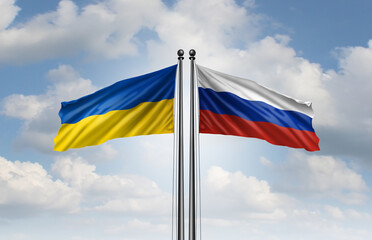Ukrainian And Russian peace talks as flag symbols as a negotiations concept to negotiate an agreement and ceasefire or cease fire betweem Moscow and Kyiv to end the war.