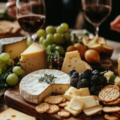 Assorted cheese platter with grapes, crackers, and red wine for gatherings