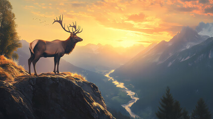Majestic elk standing on rocky ledge at sunset in canyon landscape. Majestic Ridge. Illustration