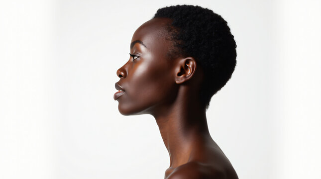 young black woman, white background, side profile, makeup or skincare concept, makeup, natural, dermatology, skincare, flawless skin, beautiful black woman with flawless skin