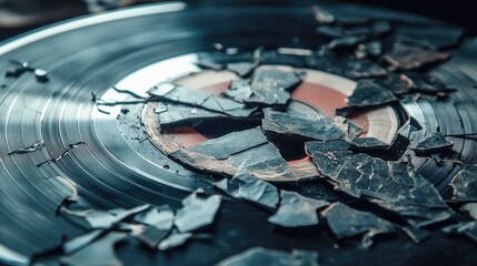 A broken vinyl record with shattered pieces across the surface revealing the label
