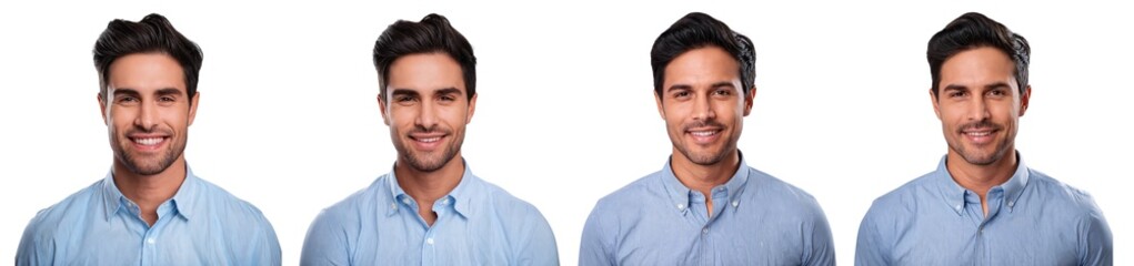 Obraz premium Smiling man in light blue shirt studio setting portrait photography positive vibes, isolated on white or transparent background
