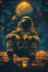 Fototapeta premium Astronaut in a spacesuit flying in outer space, holding coffee cup, starry sky and planets in the background 