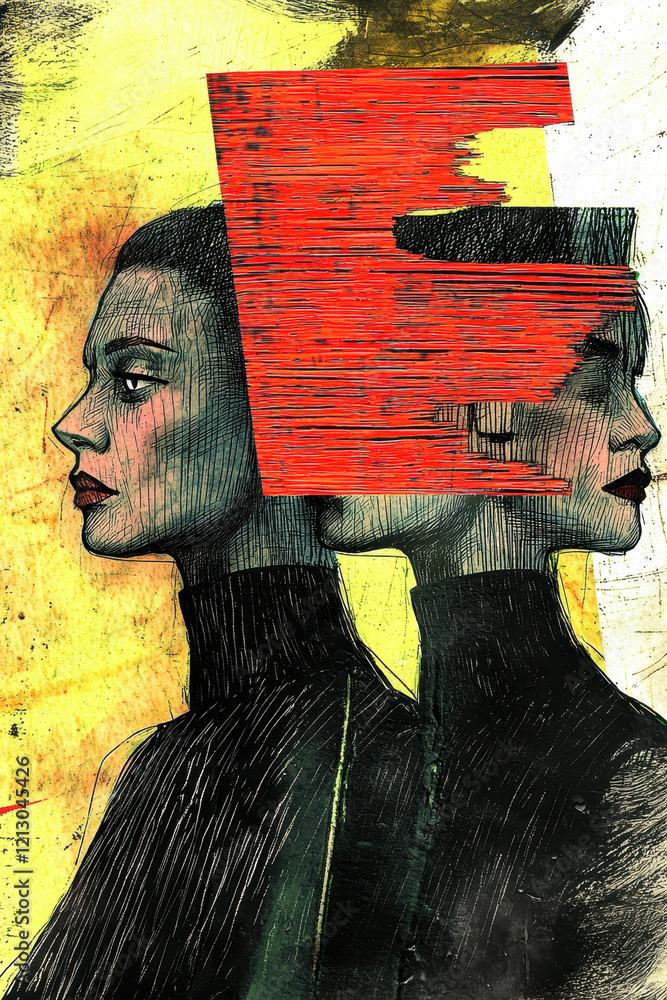 Aufkleber exploring duality and identity in a vibrant abstract portrait illustrating the human psyche and emot