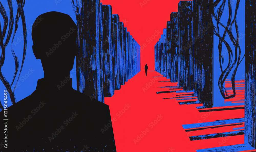 Poster exploring the enigmatic depths of solitude and mystery in a surreal abstract journey of colors and s