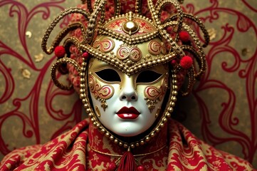 Ornate venetian carnival mask with intricate gold and red details