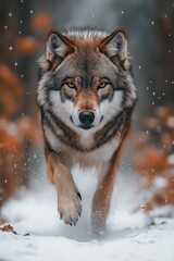 Fototapeta premium A dynamic wildlife photograph of a wolf , droplets of dew flying through the air, with focus on the wolf and blurred motion in the background, photorealistic.