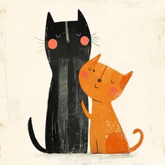 Cute black and orange cartoon cats sharing a moment of friendship and love in a simple illustrated style