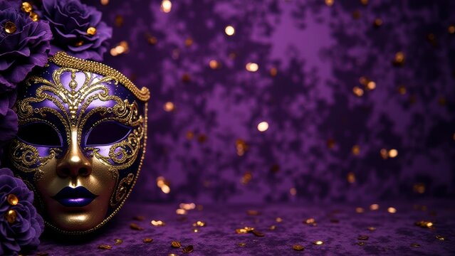 Elegant purple and gold masquerade mask with floral accents on purple background