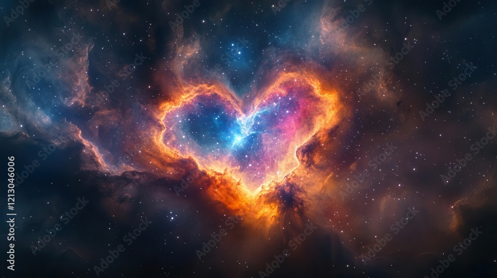 Wall mural cosmic nebula forming a luminous heart shape with swirling stars and colorful gas clouds creating a 