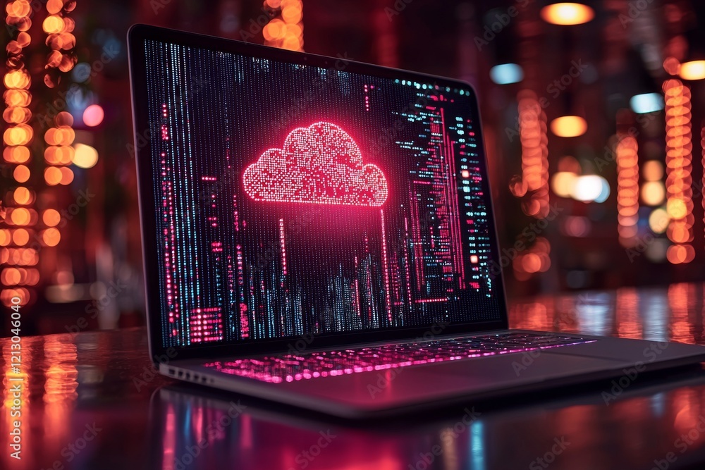 Poster a laptop featuring cloud icons hovering above it, enveloped by digital data and network connections,