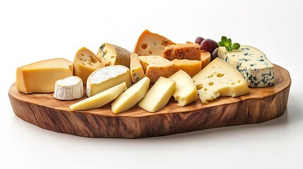 assorted cheese on wooden plate isolated white background