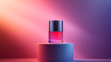Pink perfume bottle on a pastel podium with a vibrant, colorful background.