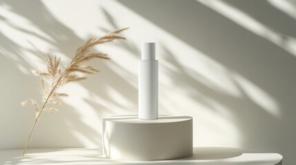 White cosmetic bottle on a white podium with soft light and shadows.