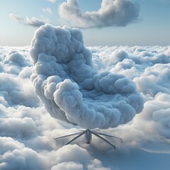 Cloud chair situated high above the ground in a dreamy sky landscape filled with soft, fluffy clouds