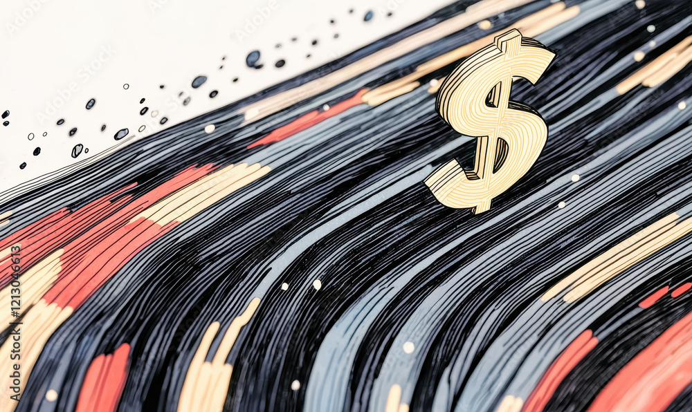 Poster dynamic abstract art depiction of financial flow with dollar symbol in striking colors representing 