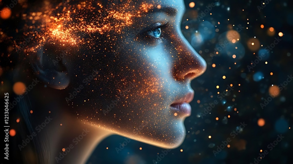 Poster woman's face adorned with glittering particles, profile view against a dark background with bokeh li