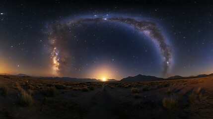 Panoramic star-filled sky with a glowing galaxy as the centerpiece