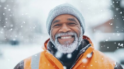 street cleaner in warm winter gear smiling as snowflakes fall around him symbolizing dedication and warmth