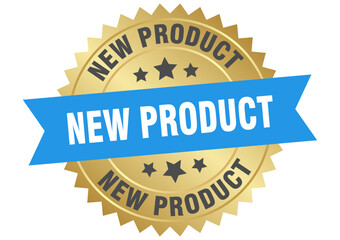 new product. new product round blue and gold label isolated on transparent background