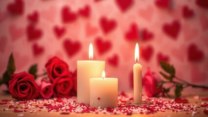 Romantic background with candles and rose petals.