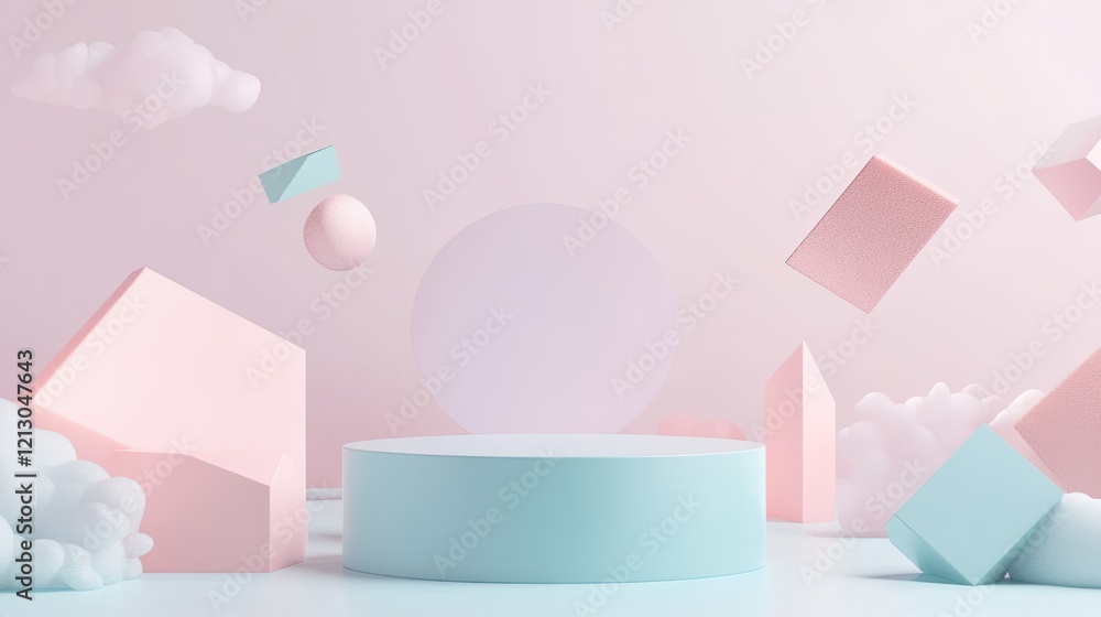 Poster vibrant podium in pastel tones surrounded by dynamic geometric shapes and floating elements in surre