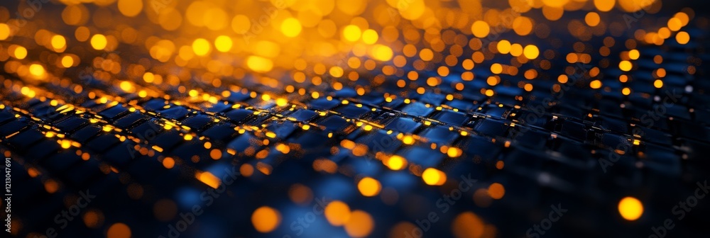 Poster abstract digital grid with golden lights - close-up of a dark blue grid with glowing golden bokeh li