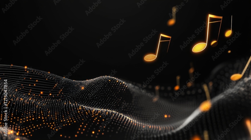 Aufkleber abstract music wave background - golden musical notes float above a dark abstract wave of light part