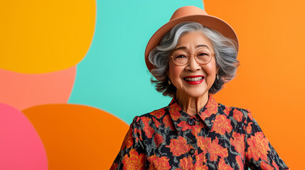 A charming and funny grandmother dressed in elegant attire for a special event, posing playfully in front of a bright, colorful background, showcasing her fashion-forward style. fu