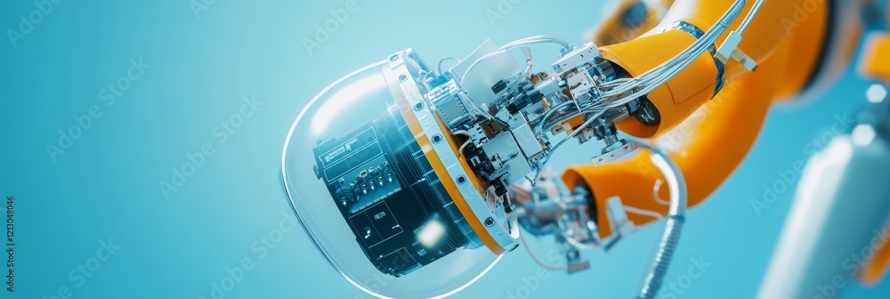 Poster advanced robotic arm technology - close-up of a futuristic robotic arm with a transparent enclosure,