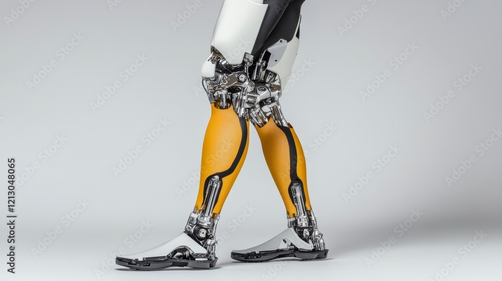 Poster advanced robotic legs walking - close-up of advanced robotic legs with metallic and yellow component