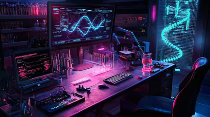 Obraz premium Advanced genetic engineering setup with holographic DNA sequences, vibrant lab lighting