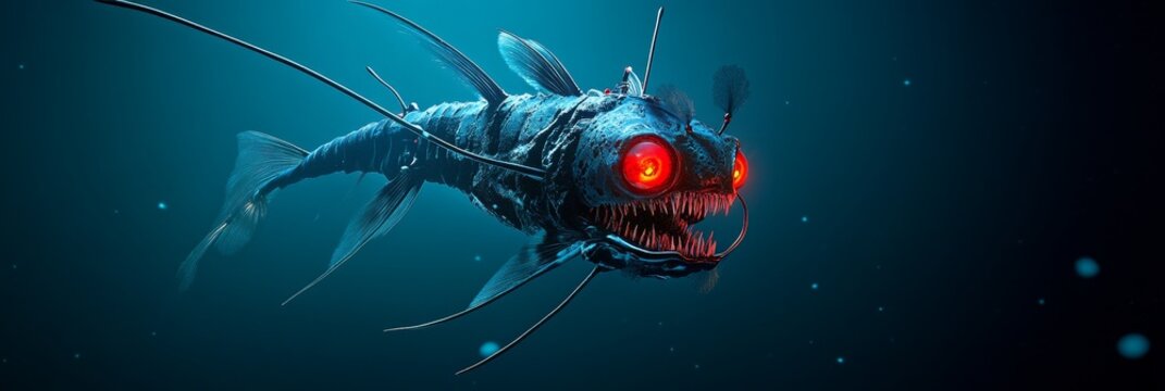 Abyssal Dragonfish Terror - A terrifying deep-sea dragonfish with glowing red eyes, sharp teeth, and bioluminescent lures. Symbolizing fear, the unknown, ocean depths, predatory nature, and alien life