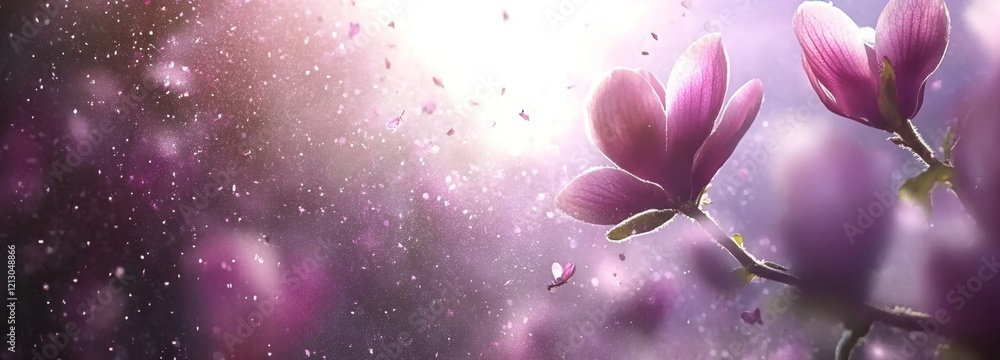 Poster spring’s magnolia tree in full bloom is captured up close with a soft pastel bokeh background