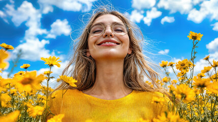 Young woman in yellow top and glasses smiling with closed eyes among sunflowers on sunny day. Natural portrait with blue sky and white clouds background showcasing happiness, peace and summer vibes.