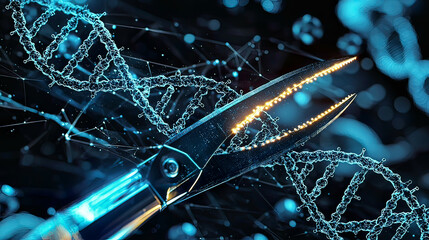 Close-up of CRISPR scissors interacting with glowing DNA strands, vibrant molecular structures