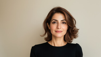 Obraz premium A Middle Eastern woman in her 30s with brown hair, exuding warmth and sophistication, posing gracefully in front of a cream background. Middle Eastern woman, brown hair, elegant wo