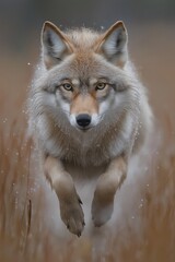 Obraz premium A dynamic wildlife photograph of a wolf , droplets of dew flying through the air, with focus on the wolf and blurred motion in the background, photorealistic.
