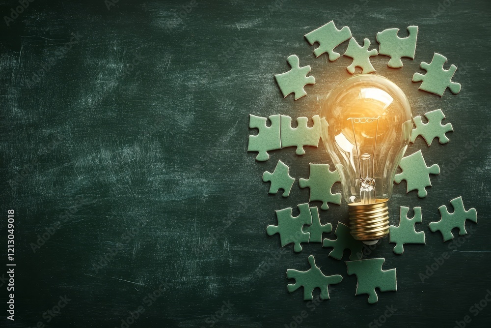 Poster bright ideas and solutions - glowing lightbulb surrounded by puzzle pieces on a dark green backgroun