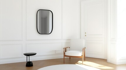 Charming Parisian Apartment Timeless Scandi Mirror - Elegant Parisian apartment interior, featuring a modern black mirror, minimalist side table, and a white armchair, sunlight streams in, creating a 