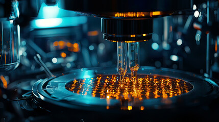 Close-up of CRISPR tool modifying DNA, glowing molecular sequences, high-tech lab environment