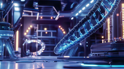 Obraz premium Close-up of DNA helix floating in a futuristic lab, illuminated by soft neon lights