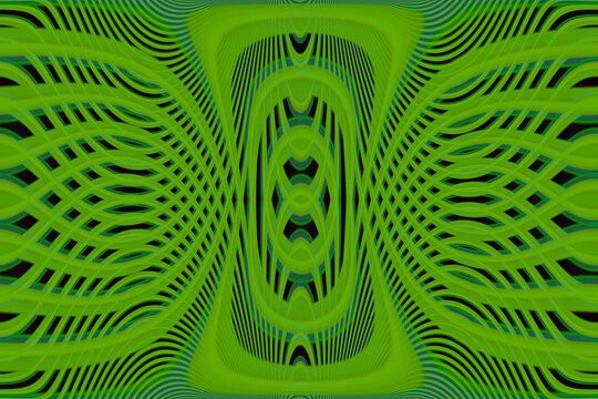 abstract f3d background. green line waves, stripes, crossings. symmetrical fractal pattern leading horizontally outside in to a vertical design in center. modern wallpaper. futuristic technology.