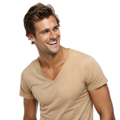 Fototapeta premium Natural tan male model with broad shoulders smiling in a bright studio setting, isolated on white or transparent background