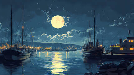 Moonlit harbor art deco scene with ships tranquil waters nighttime view elegant aesthetic. Midnight Harbor. Illustration